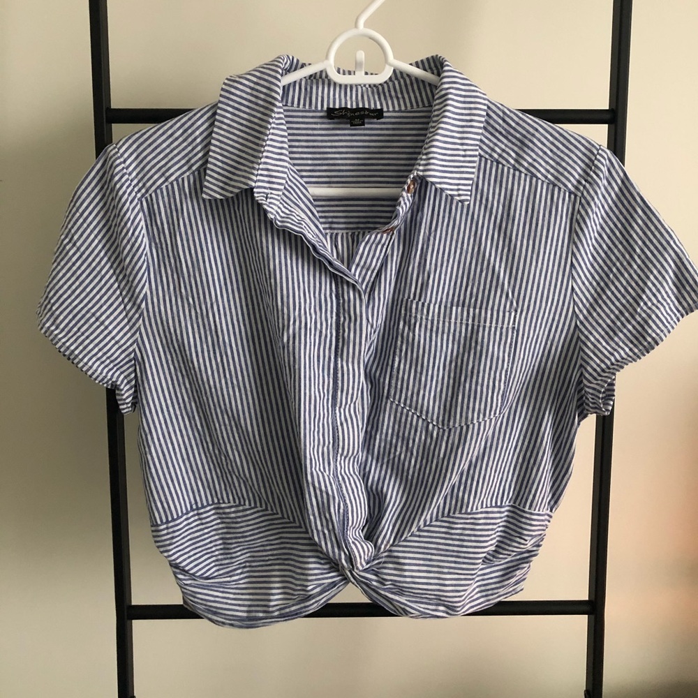 Cropped Blue and White Striped Fake Button Down
